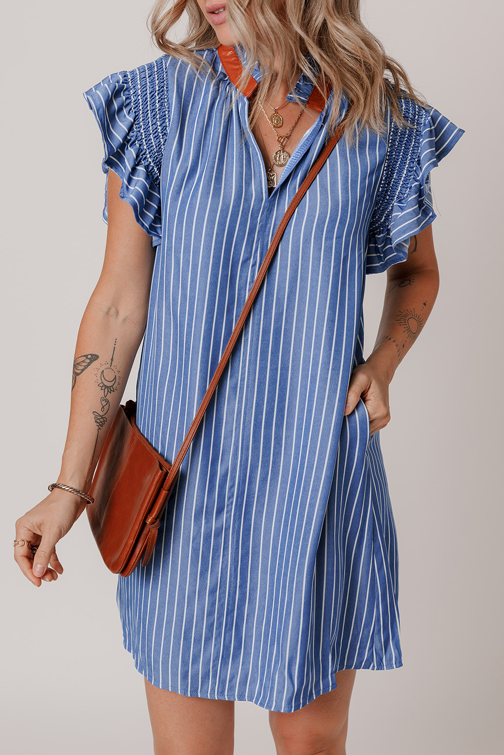 Sky Blue Stripe Frilly Split Neck Shirred Ruffle Sleeve Short Shift Dress - loveforevers