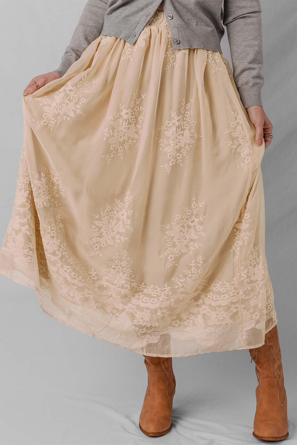 Oatmeal Embroidered Mesh Overlay Flowy Long Skirt - loveforevers