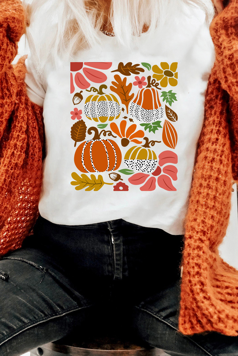 White Pumpkin Flower Print Fall Graphic Cotton Blend Tee - loveforevers