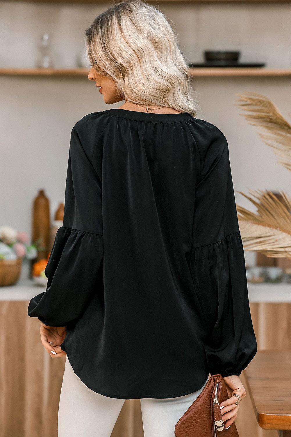 Black V Neck Long Puff Sleeve Top - loveforevers
