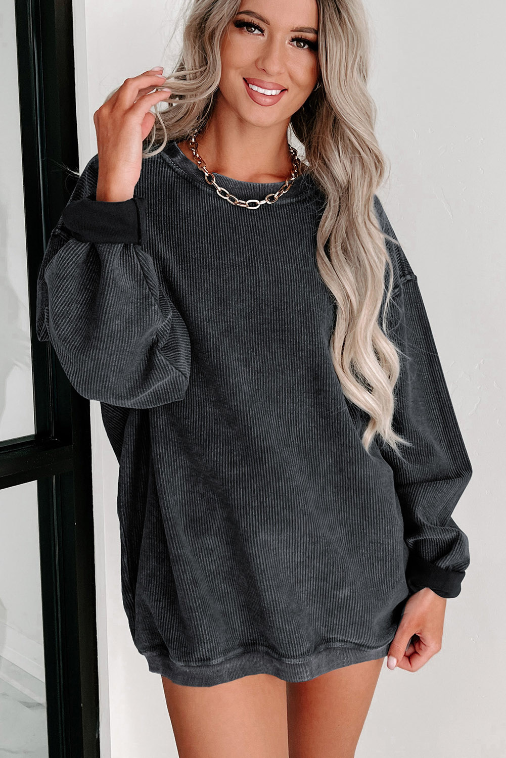 Pink Solid Ribbed Knit Round Neck Pullover Sweatshirt - loveforevers