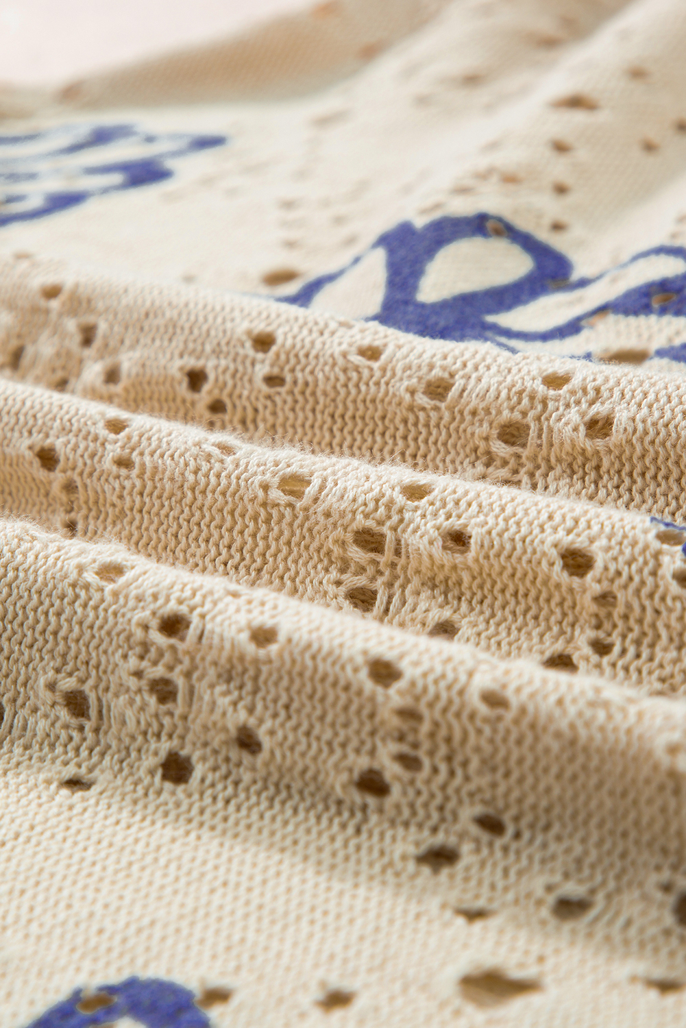 Beige Contrast Flower Print Eyelet Drop Shoulder Sweater - loveforevers