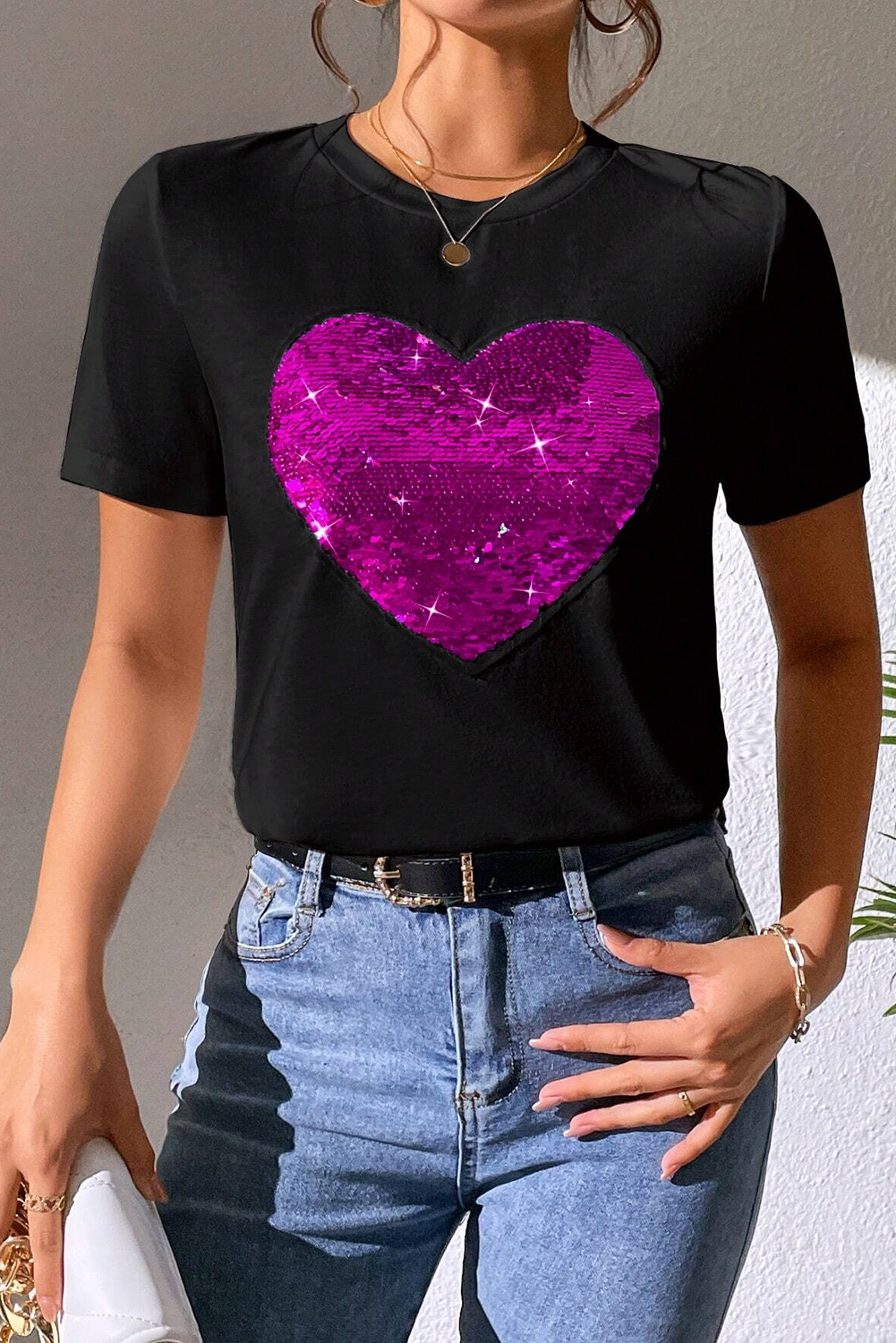 Red Leopard Striped Heart Shaped Print Crew Neck T Shirt - loveforevers