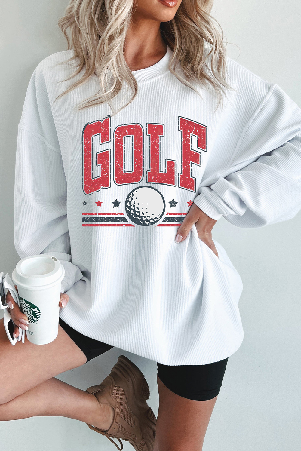 White GOLF Ball Print Ribbed Drop Shoulder Baggy Sweatshirt - loveforevers
