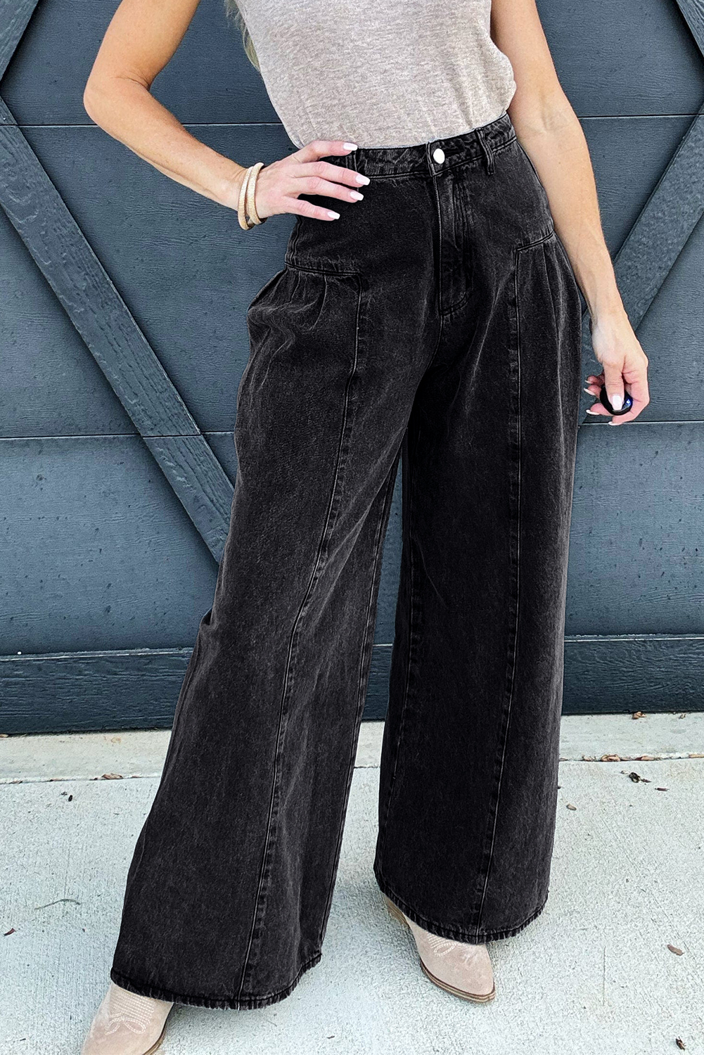 Dark Grey Pleated Wide Leg Mineral Wash Denim Pants - loveforevers