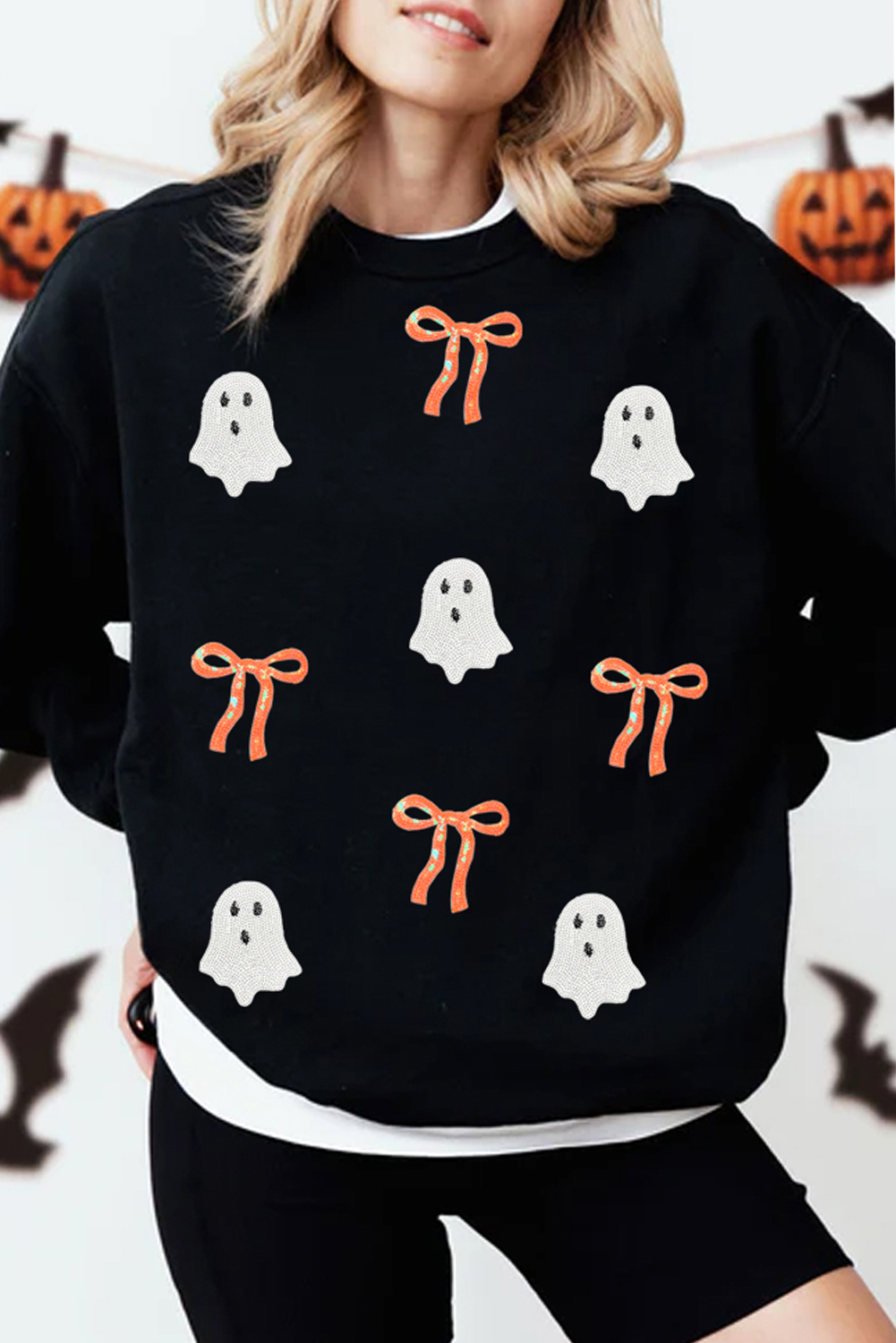 Black Sequin Bow Ghost Patched Halloween Graphic Tee - loveforevers