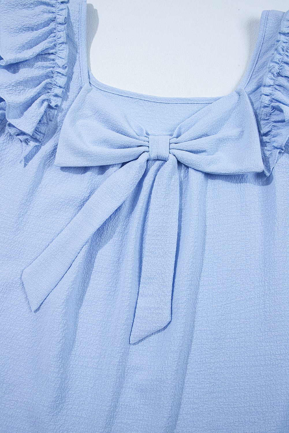 Beau Blue Textured Bow Knot Frilled Butterfly Sleeve Blouse - loveforevers