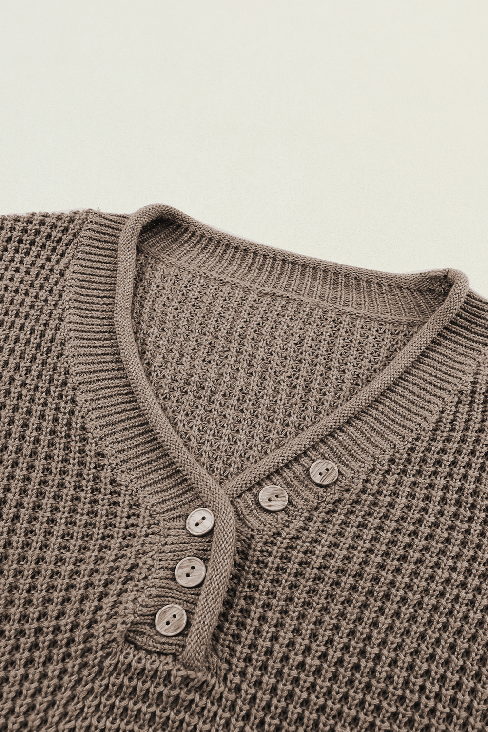 Khaki Pointelle Knit Button V Neck Drop Shoulder Sweater - loveforevers