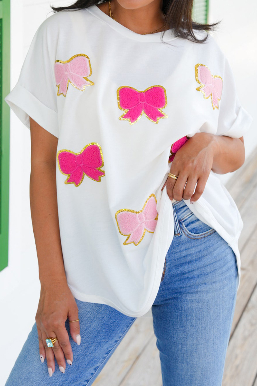 White Sequined Bow Patched Short Sleeve Top - loveforevers