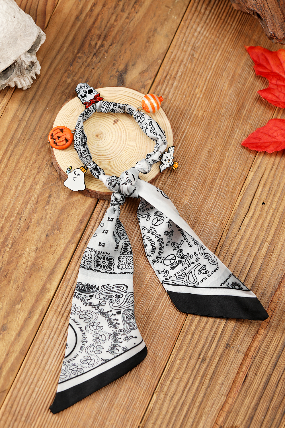 White Boho Printed Knot Scarf Halloween Pumpkin Ghost Charm Necklace - loveforevers