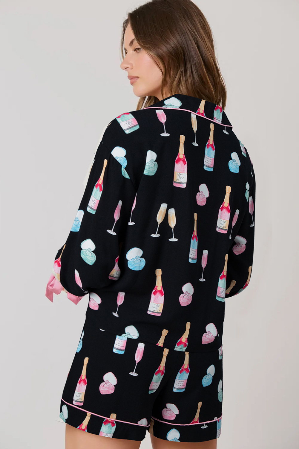 White Christmas Wine Glass Print Bow Knot Two Piece Pajama Set - loveforevers