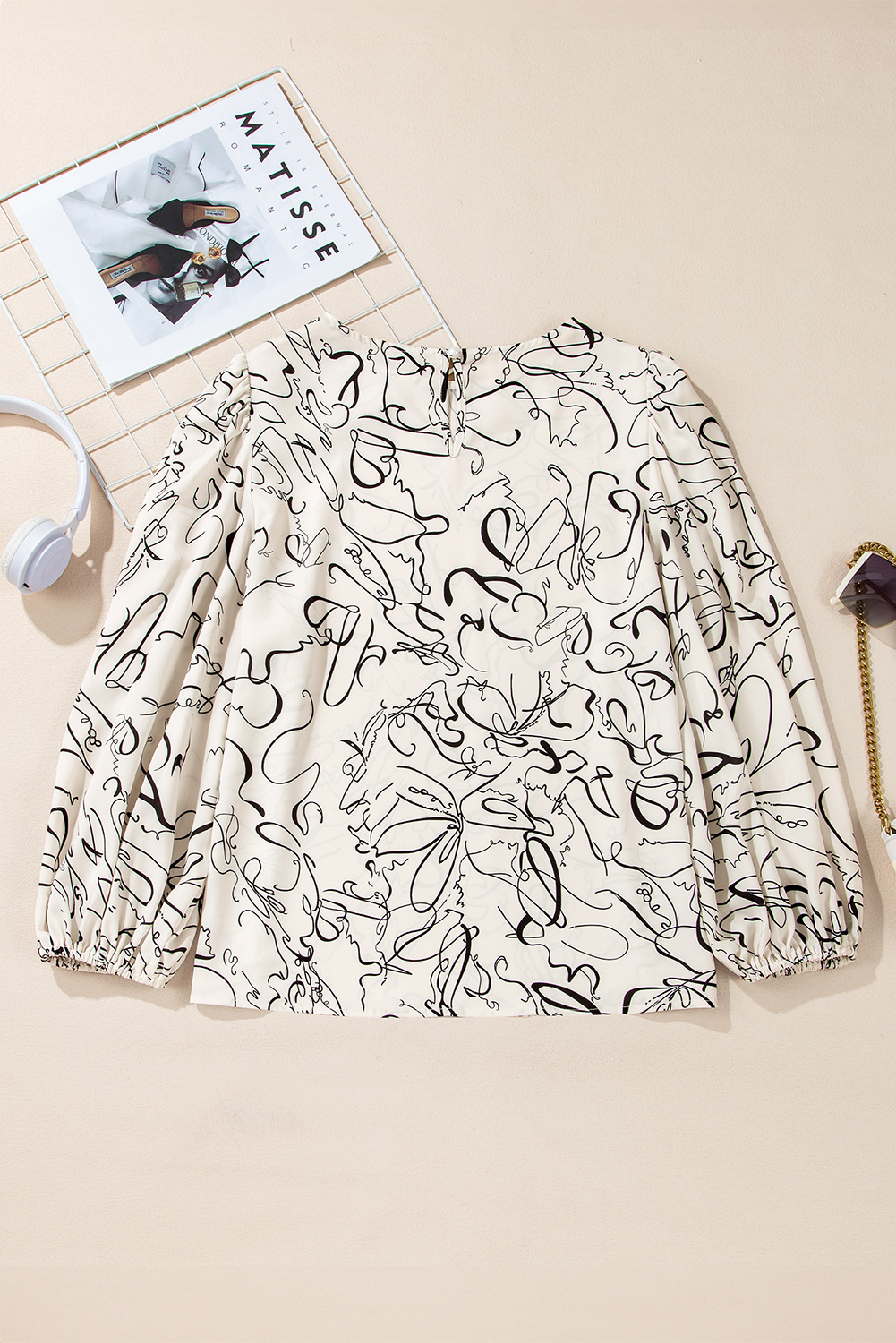 Beige Abstract Print Balloon Sleeve Crew Neck Blouse - loveforevers