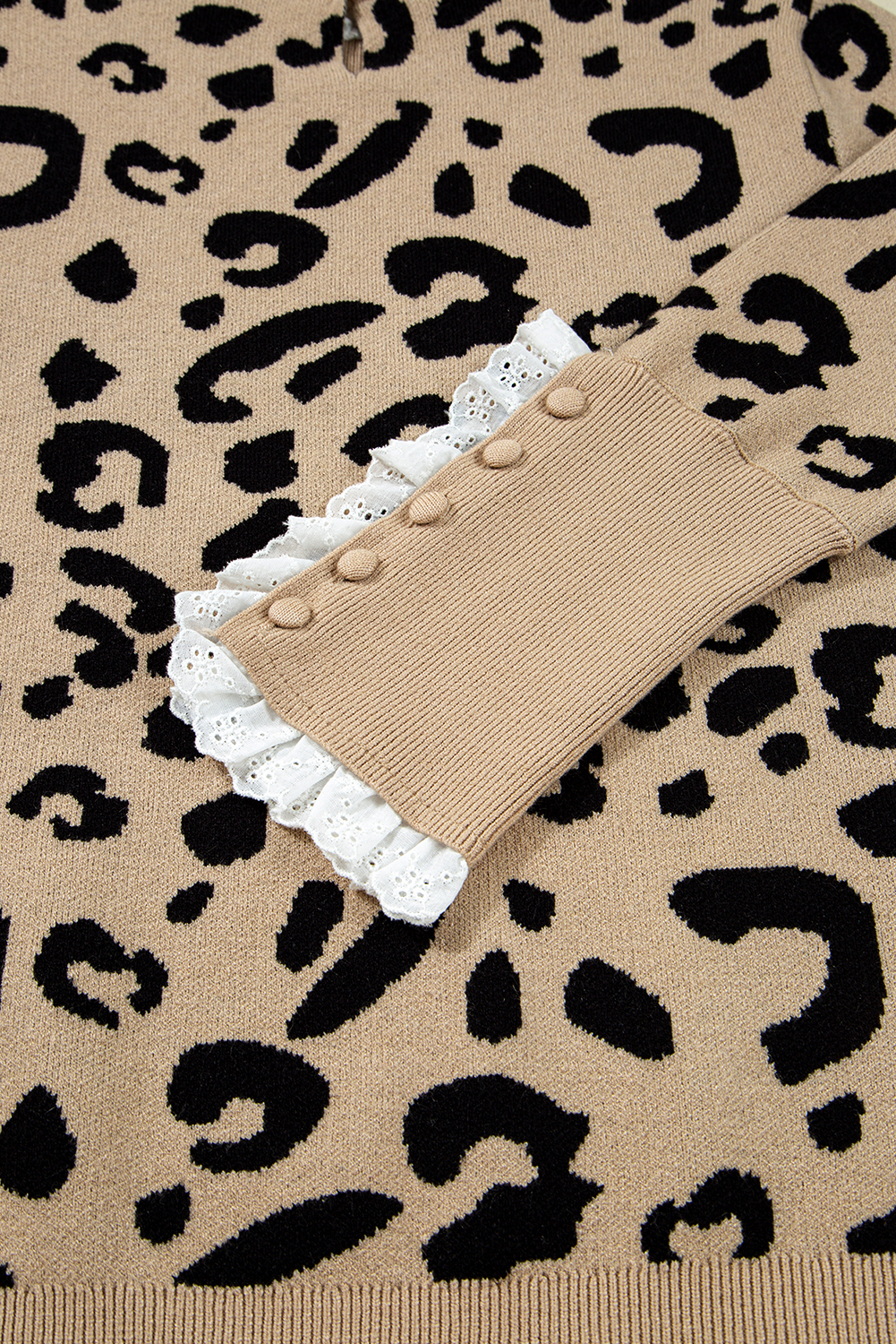 Dearlovers Brown Leopard Pattern Lace Ribbed Detail Button Cuffed Sweater - loveforevers