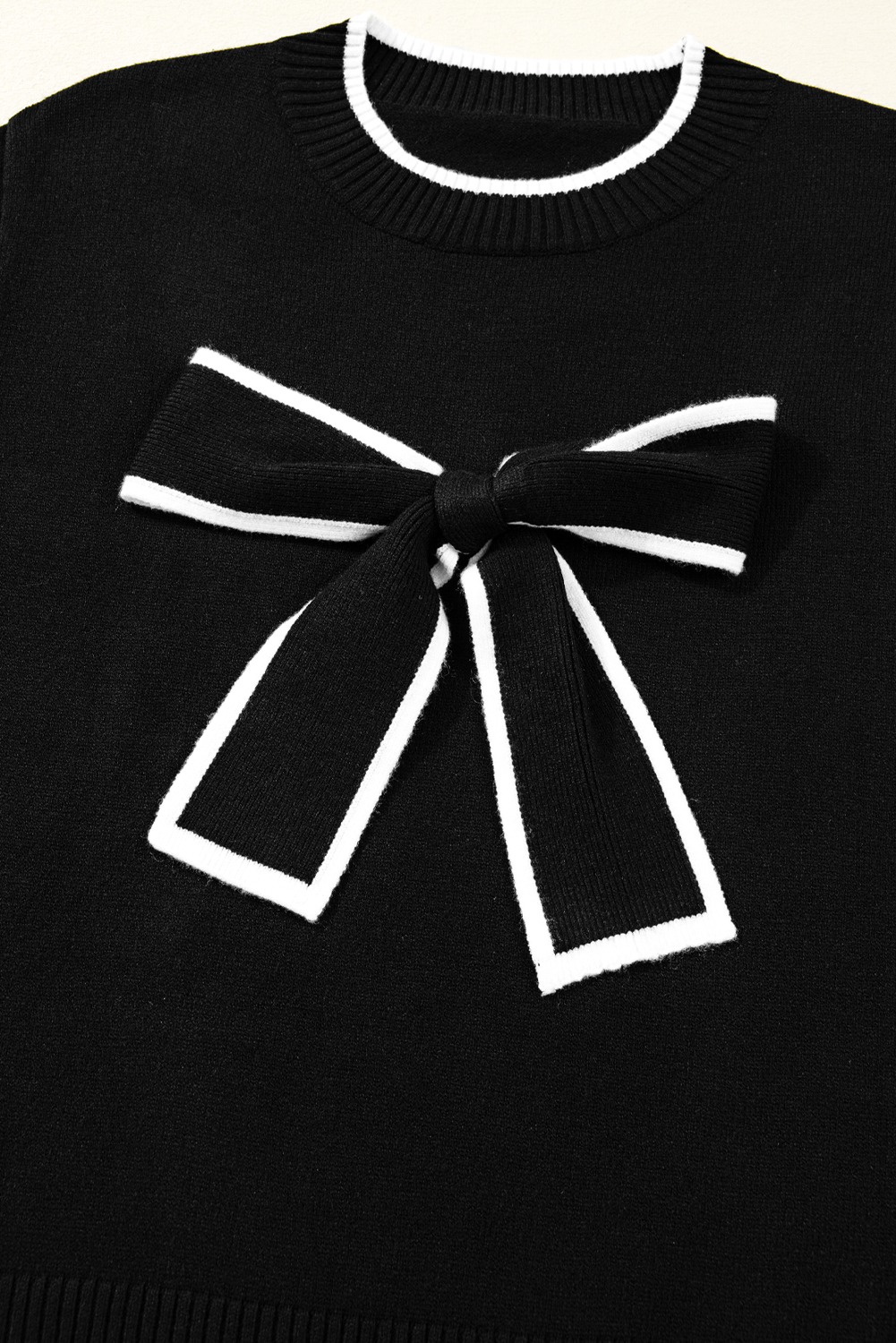 Black Contrast Trim Big Bow Accent Holiday Cropped Sweater - loveforevers