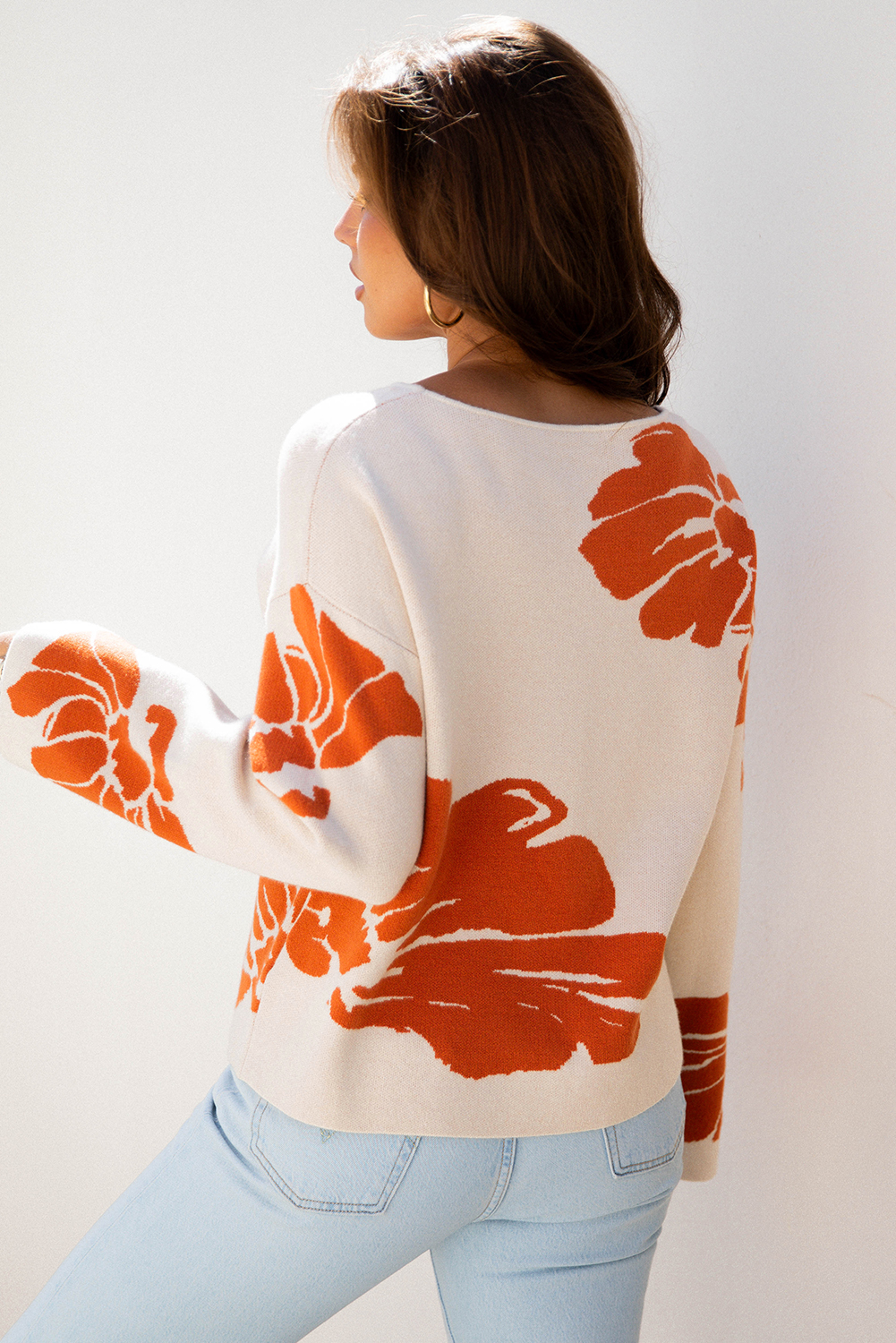 Beige Bold Flower Pattern Wide Sleeve Baggy Sweater - loveforevers