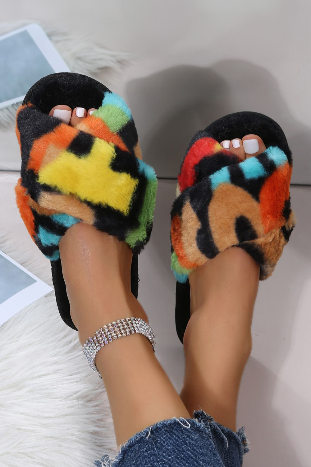Black Plush Color Block Cross Strap Home Slippers - loveforevers