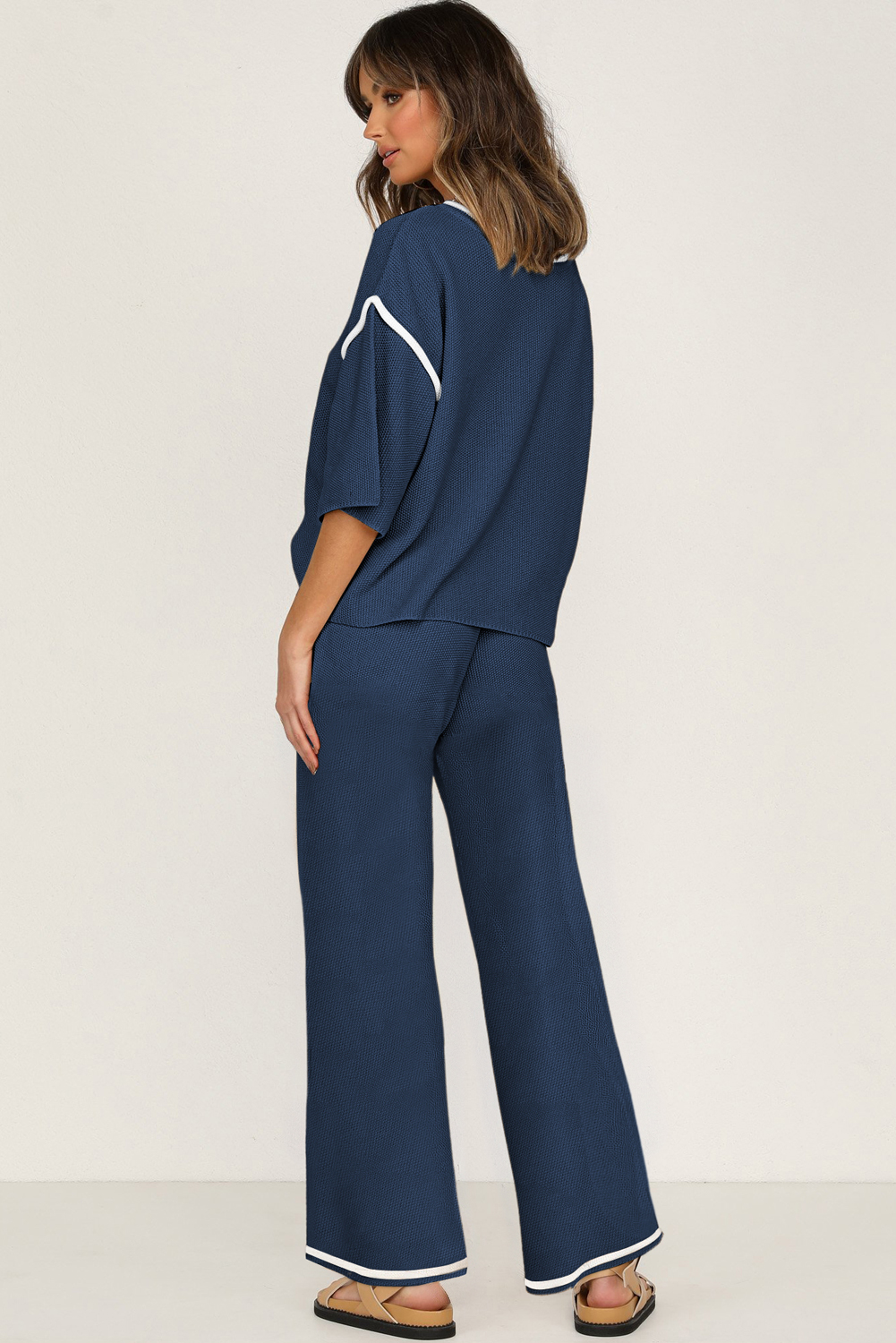 Blackish Green Contrast Trim Half Sleeve Top Drawstring Pants Loose 2pcs Sweater Suit - loveforevers