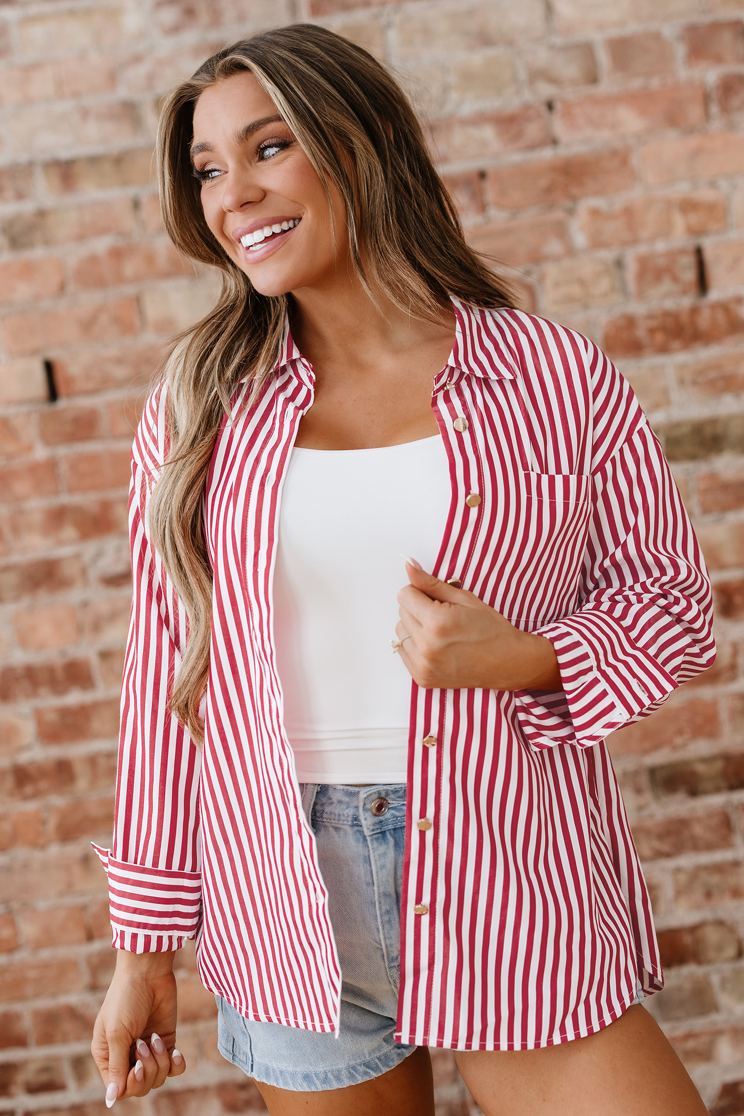 Red Stripe Patched Pocket Side Slit Loose Shirt - loveforevers
