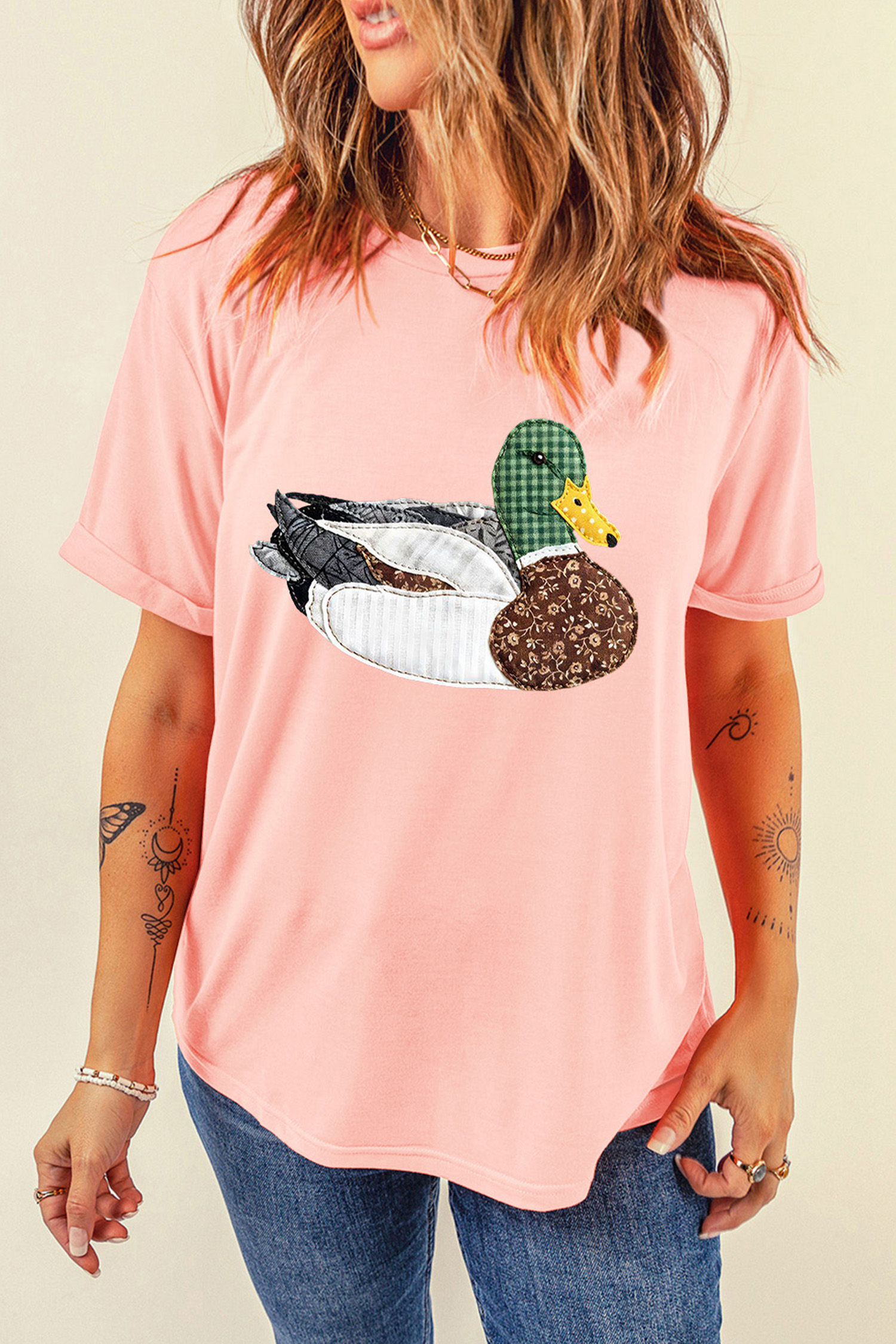 Khaki Flying Mallard Print Crew Neck T Shirt - loveforevers