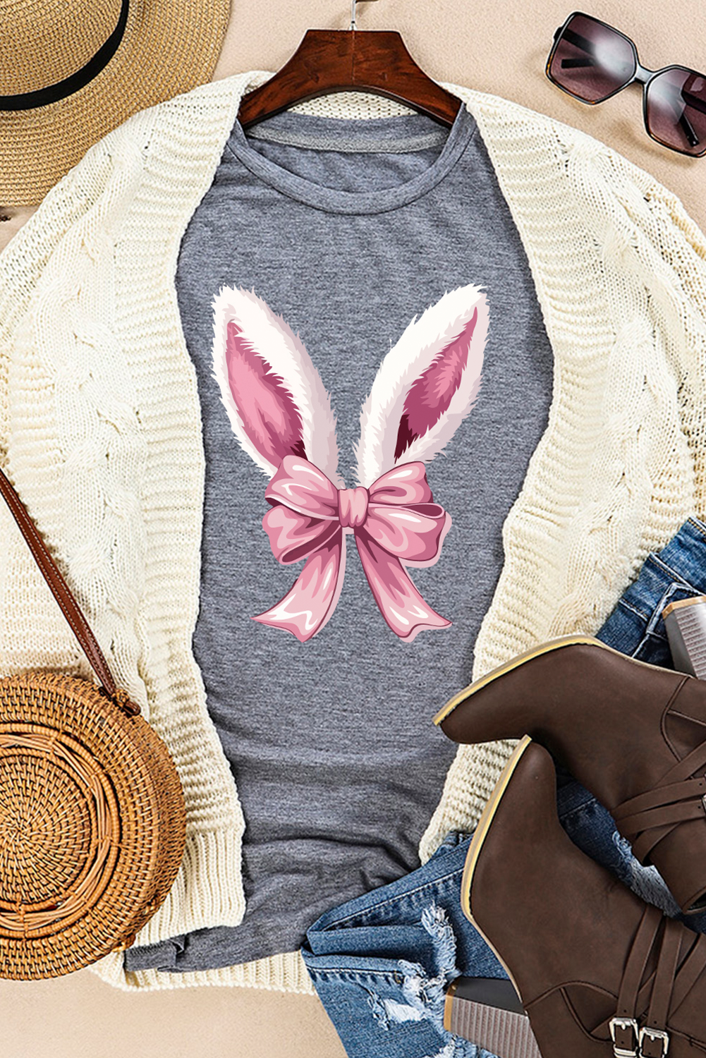 Gray Bunny Ear Bow Printed Easter Fashion T Shirt - loveforevers