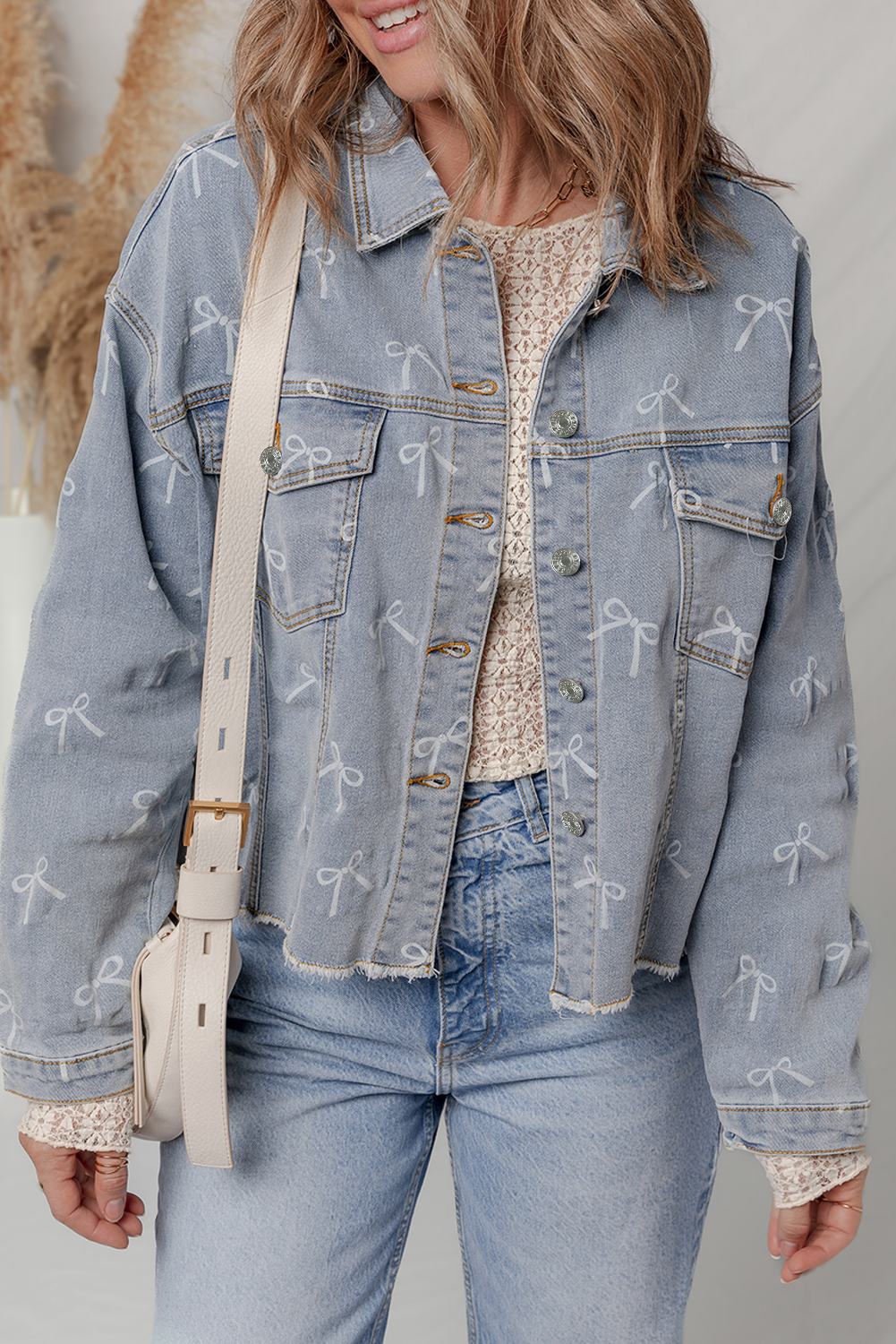 Sky Blue Bow Knot Print Light Wash Raw Hem Denim Jacket - loveforevers