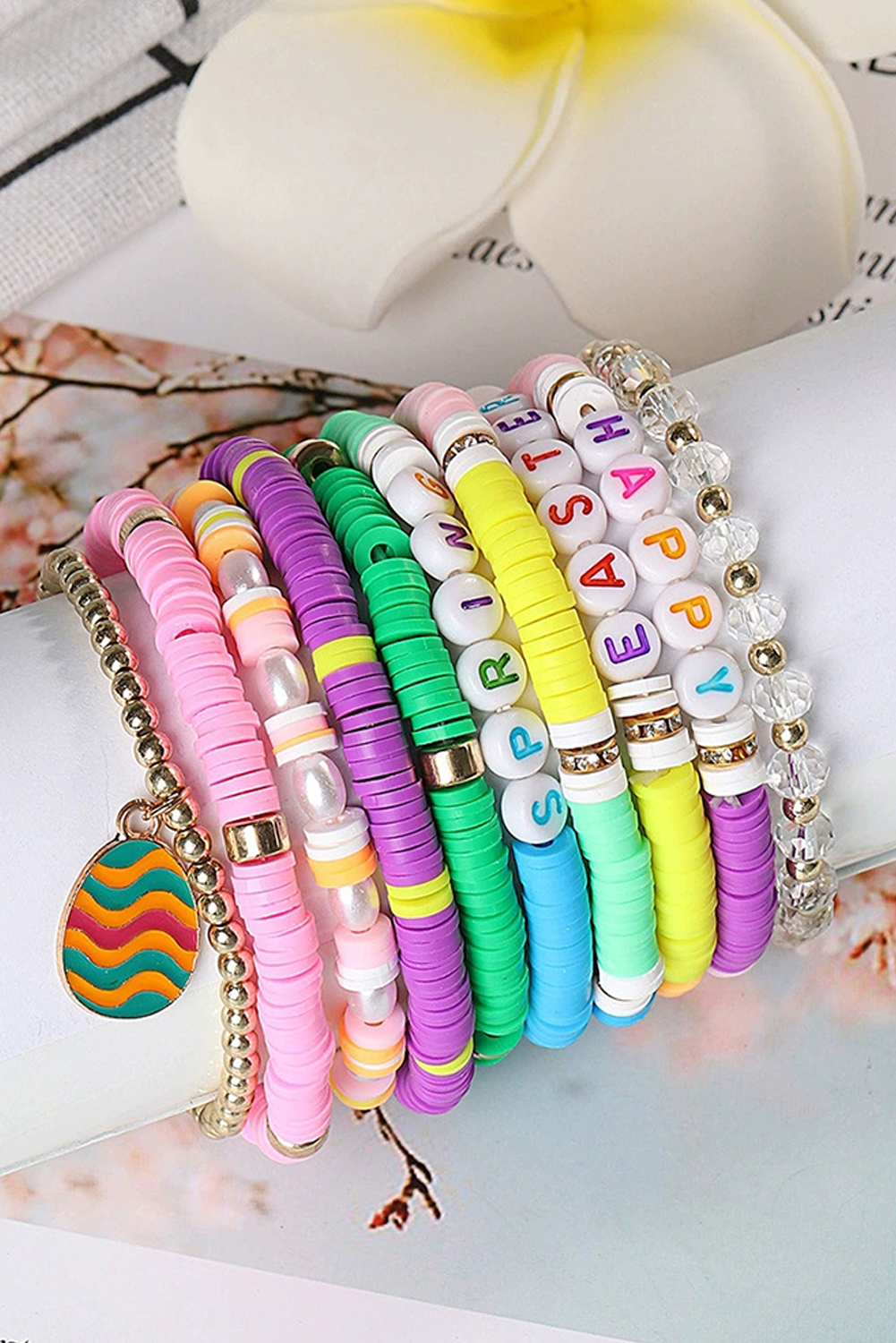 Gold Happy Easter Polymer Clay Beaded Bracelet - loveforevers