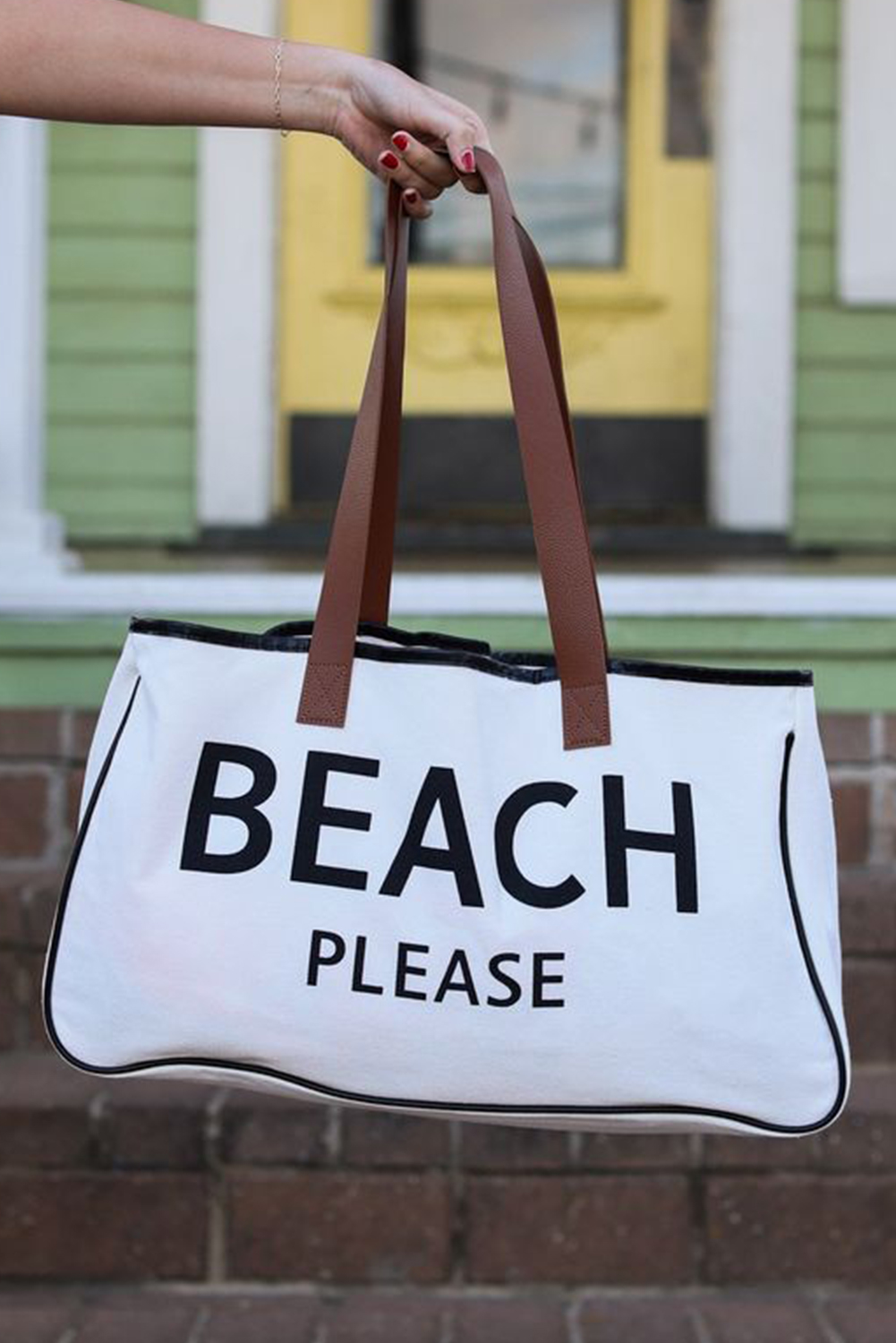 White BEACH PLEASE Print Large Canvas Tote Bag - loveforevers