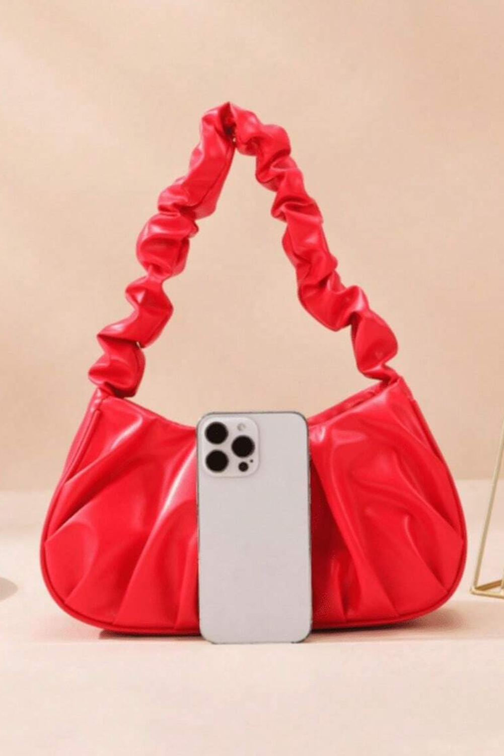 Fiery Red Ruched Faux Leather Shoulder Bag - loveforevers