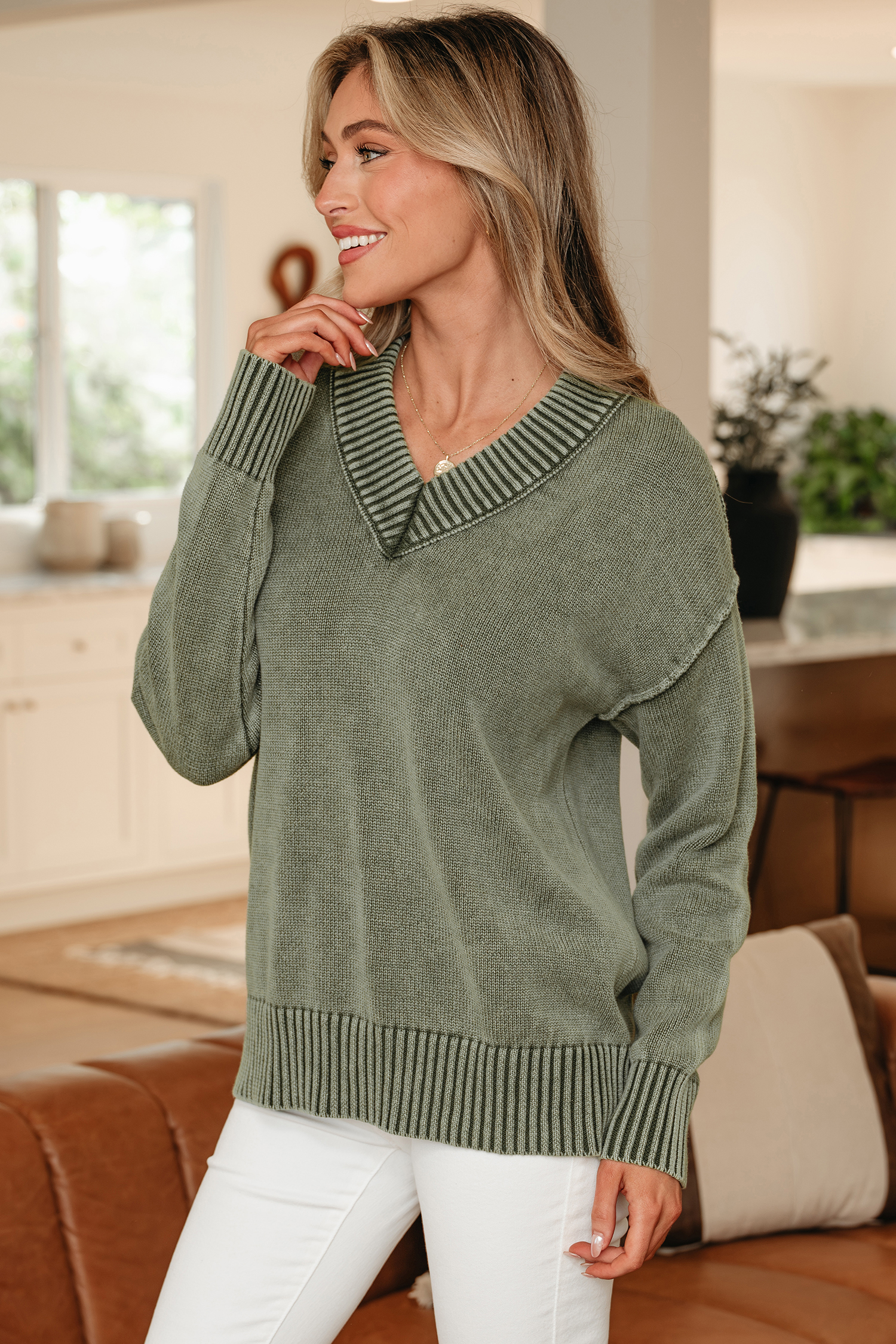 Four Leaf Clover Mineral Wash V Neck Knit Exposed Seam Drop Shoulder Loose Sweater - loveforevers