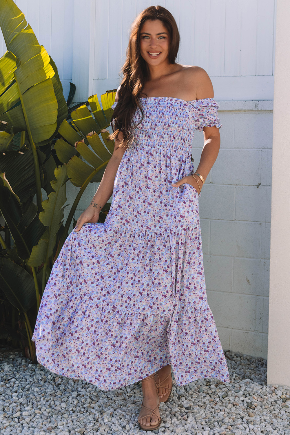 Purple Floral Short Bubble Sleeve Shirred High Waist Maxi Dress - loveforevers