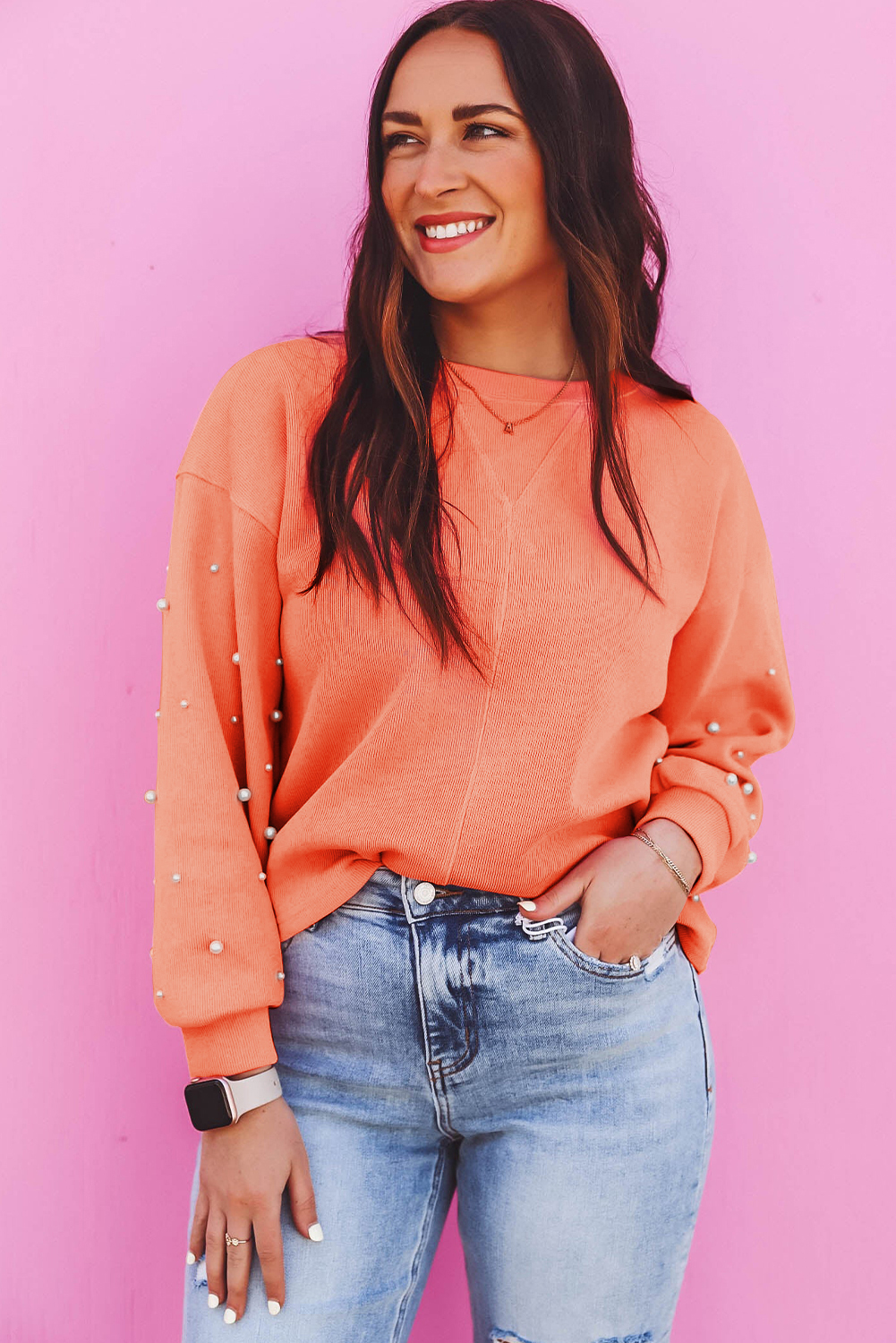 Myosotis Pearled Sleeves Drop Shoulder Round Neck Pullover Sweatshirt - loveforevers