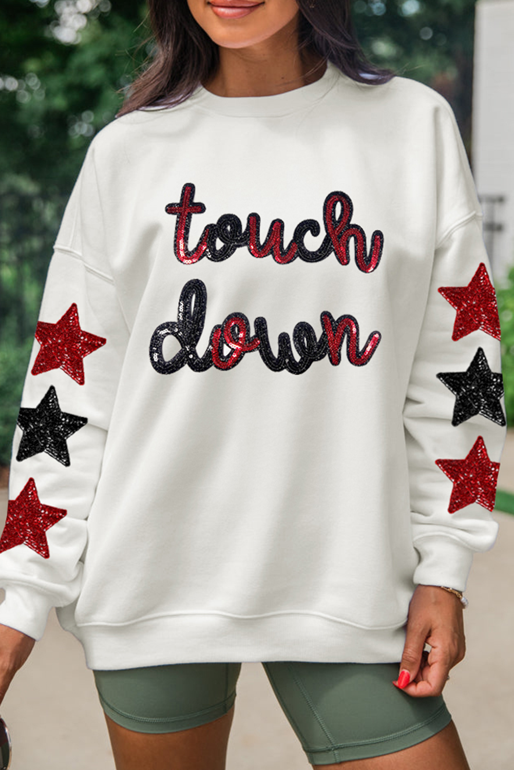 Beige Sequined Touch Down Graphic Star Drop Shoulder Sweatshirt - loveforevers