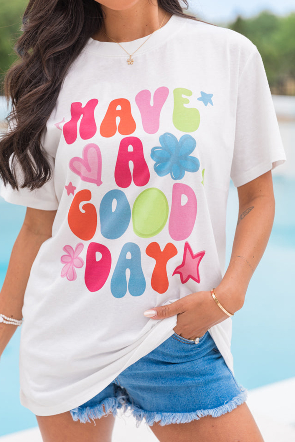 White HAVE A GOOD DAY Print Graphic Casual Tee - loveforevers