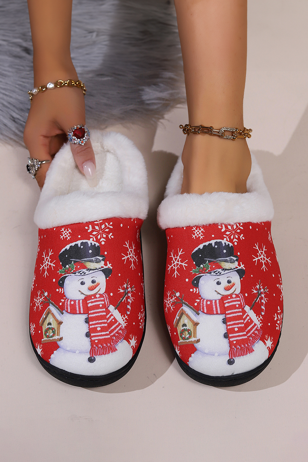 Fiery Red Christmas Snowman Print Plush Home Slippers - loveforevers
