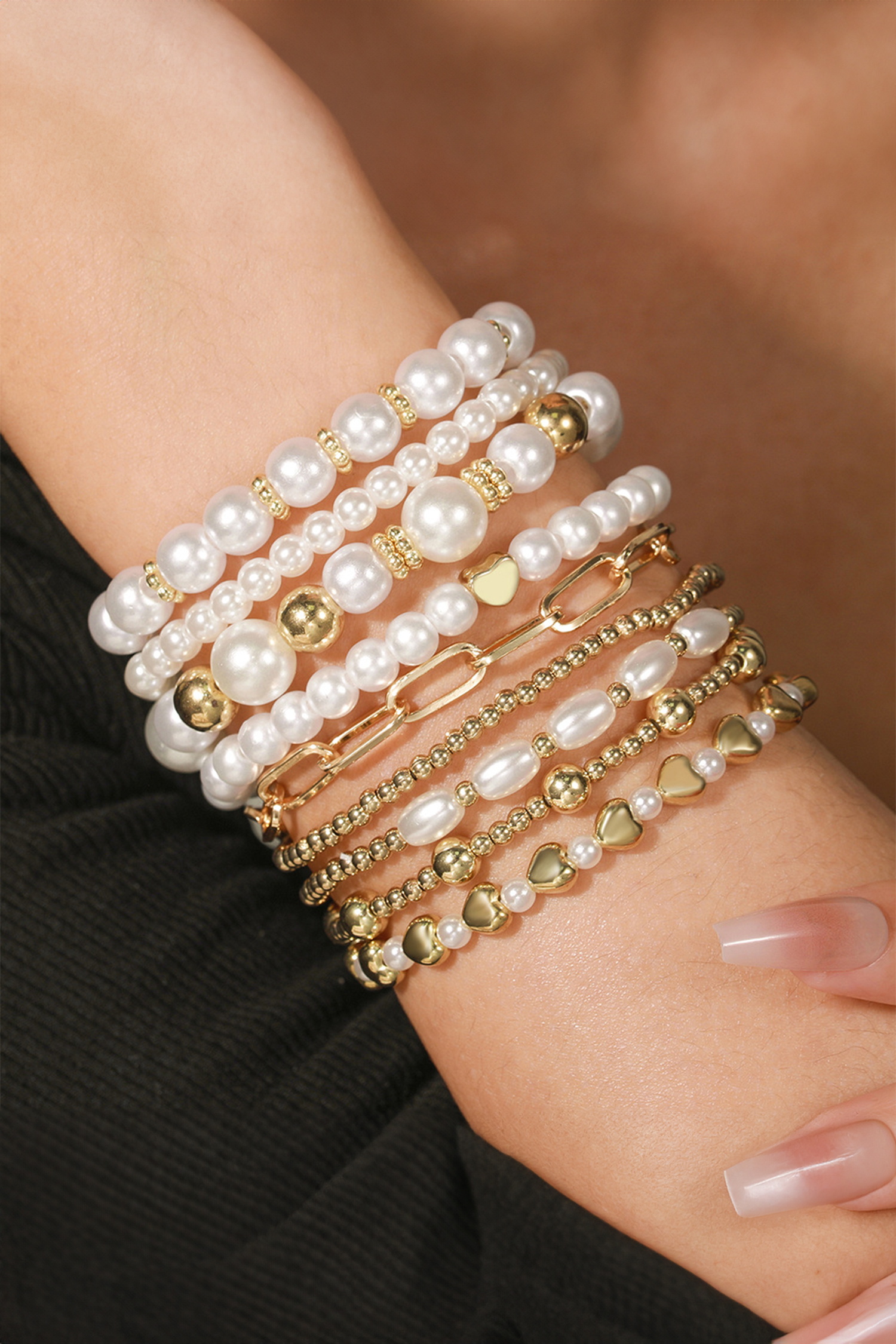 Gold 9-Piece Mixed Faux Pearl Bead Stretch Bracelet Set - loveforevers