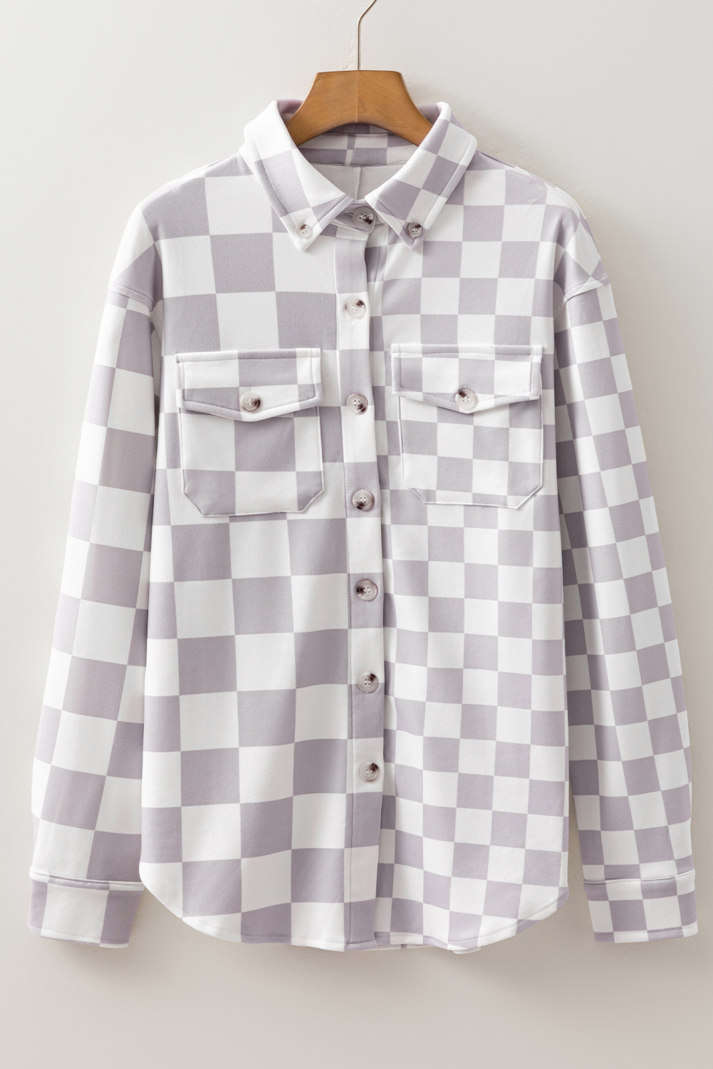 Khaki Checkerboard Flap Pocket Button Front Shacket - loveforevers