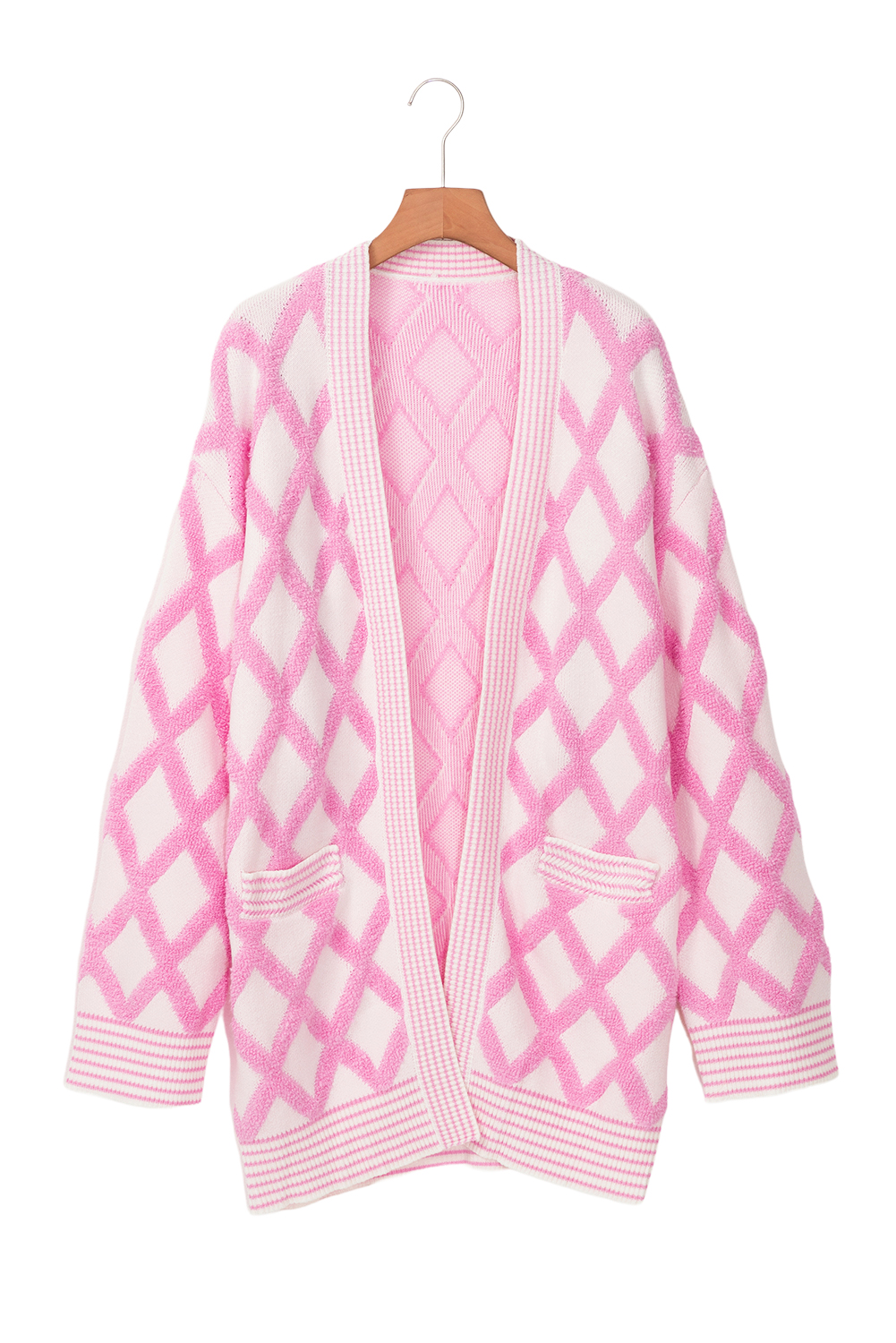 Pink Rhombus Pattern Knit Open Front Pocketed Cardigans - loveforevers