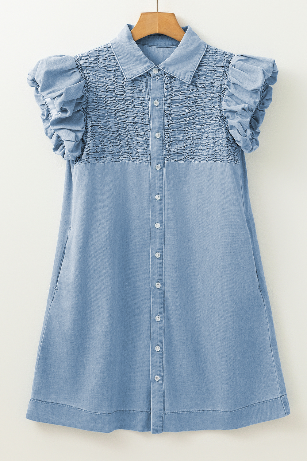 Beau Blue Flutter Sleeve Shirred Detail Button Up Denim Mini Dress - loveforevers