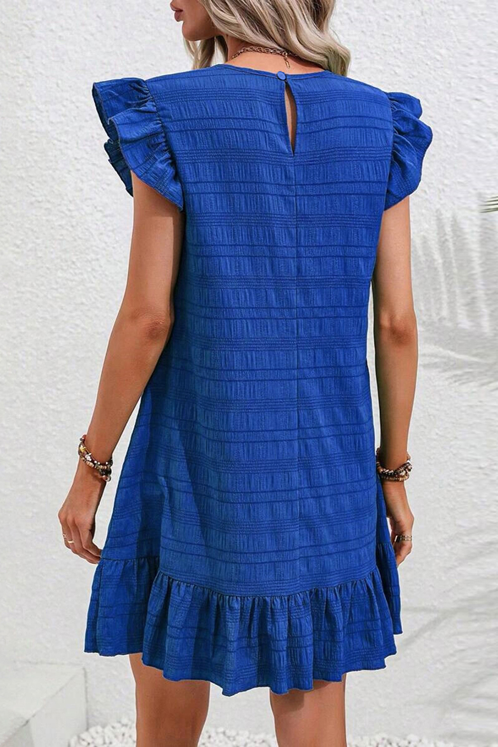 Dark Green Textured Ruffled Sleeve Round Neck Top - loveforevers