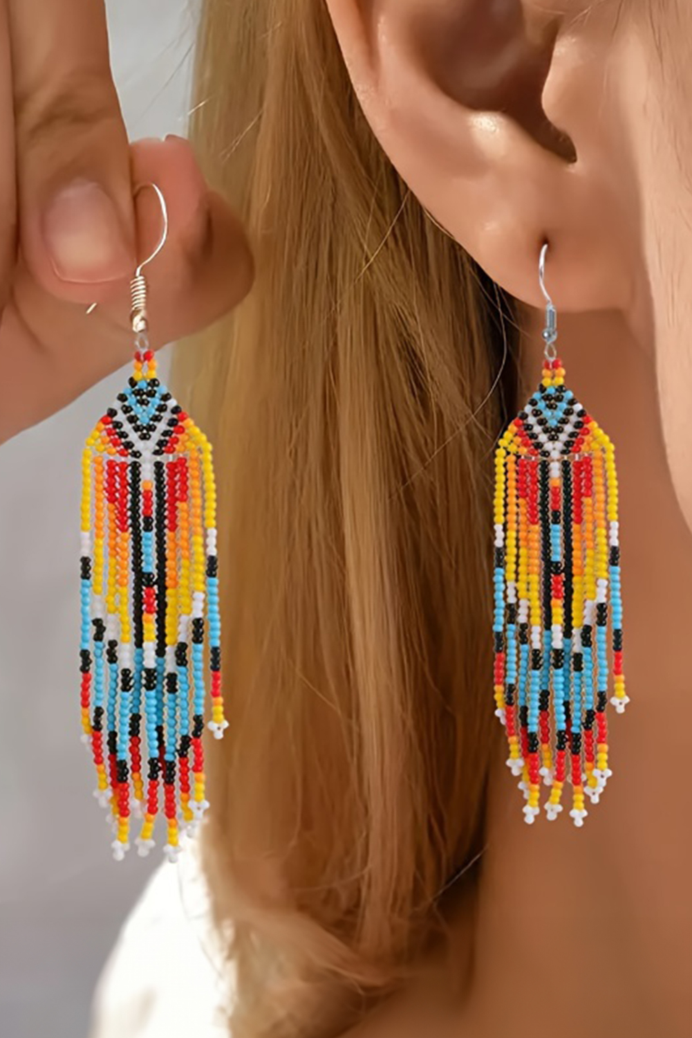 White Western Rice Bead Tassel Hook Earring - loveforevers