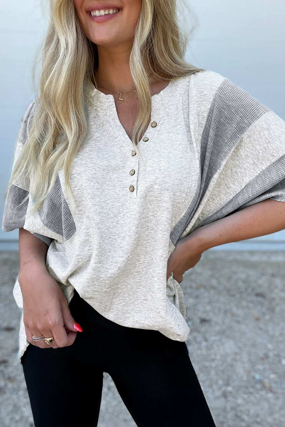 Dearlovers Light Grey Two Tone Contrast Waffle Knit Patched Buttoned V Neck Top - loveforevers