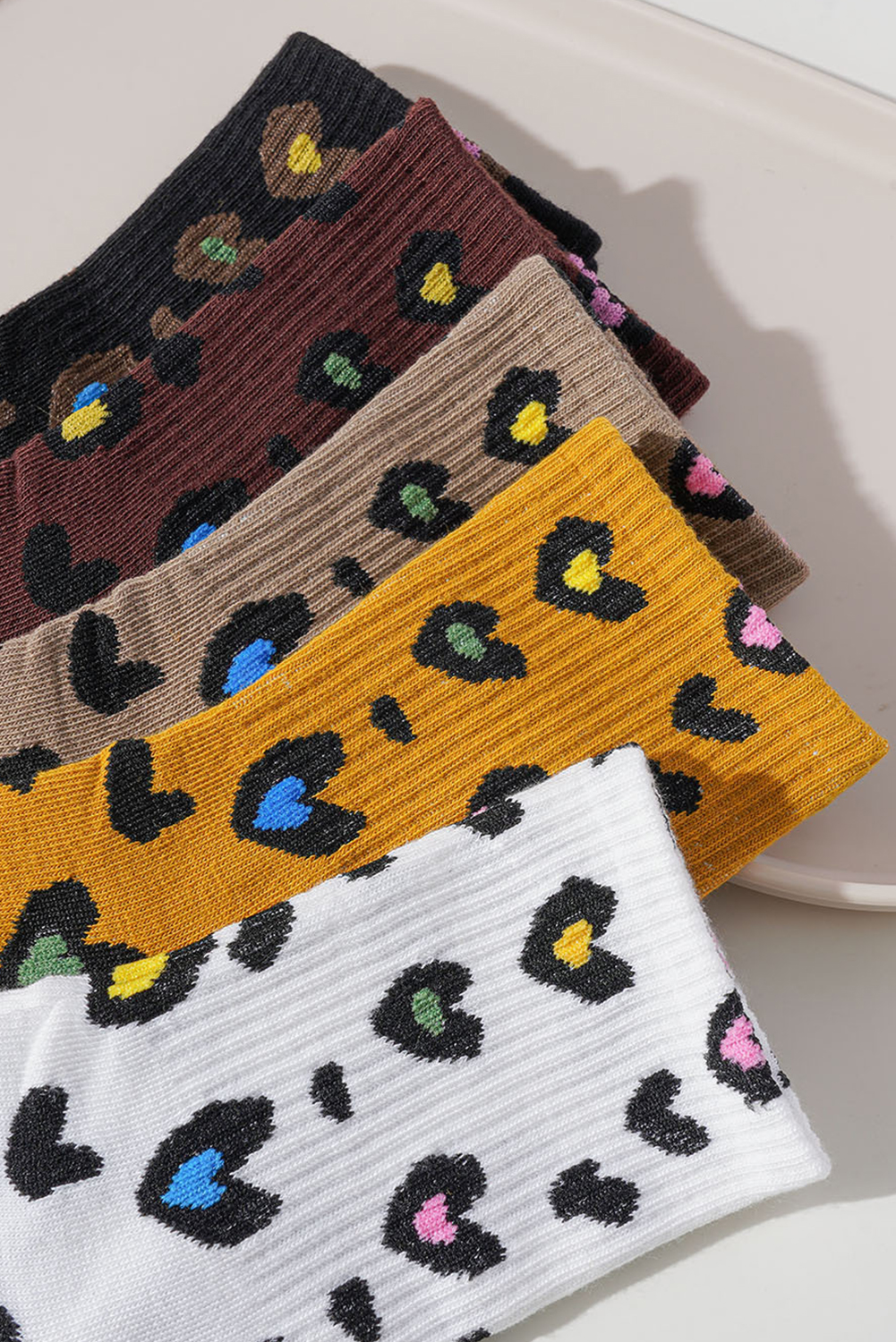 Bristol Black 5 Pairs Ribbed Trim Leopard Print Socks - loveforevers