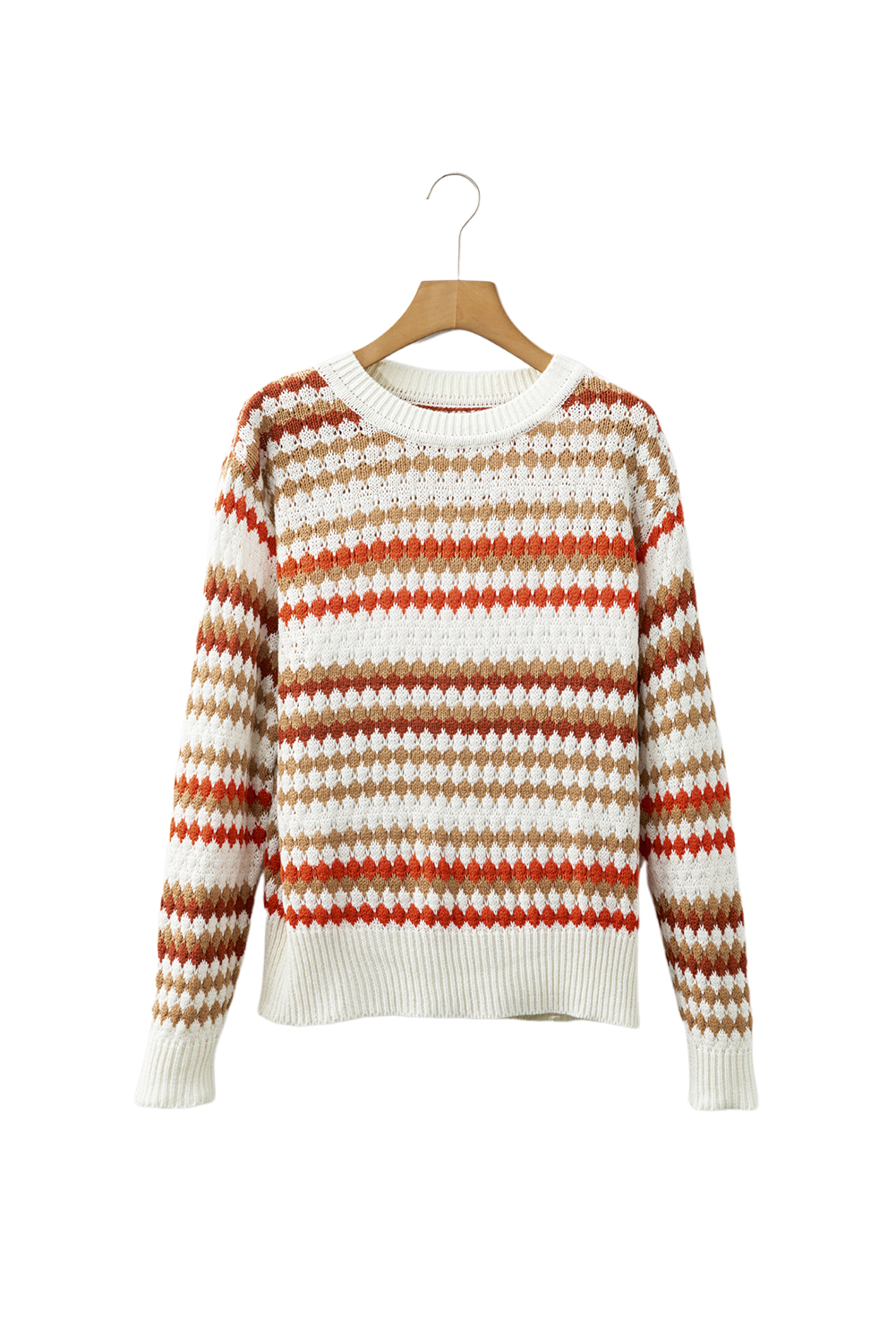 Brown Stripe Eyelet Patterned Drop Shoulder Sweater - loveforevers