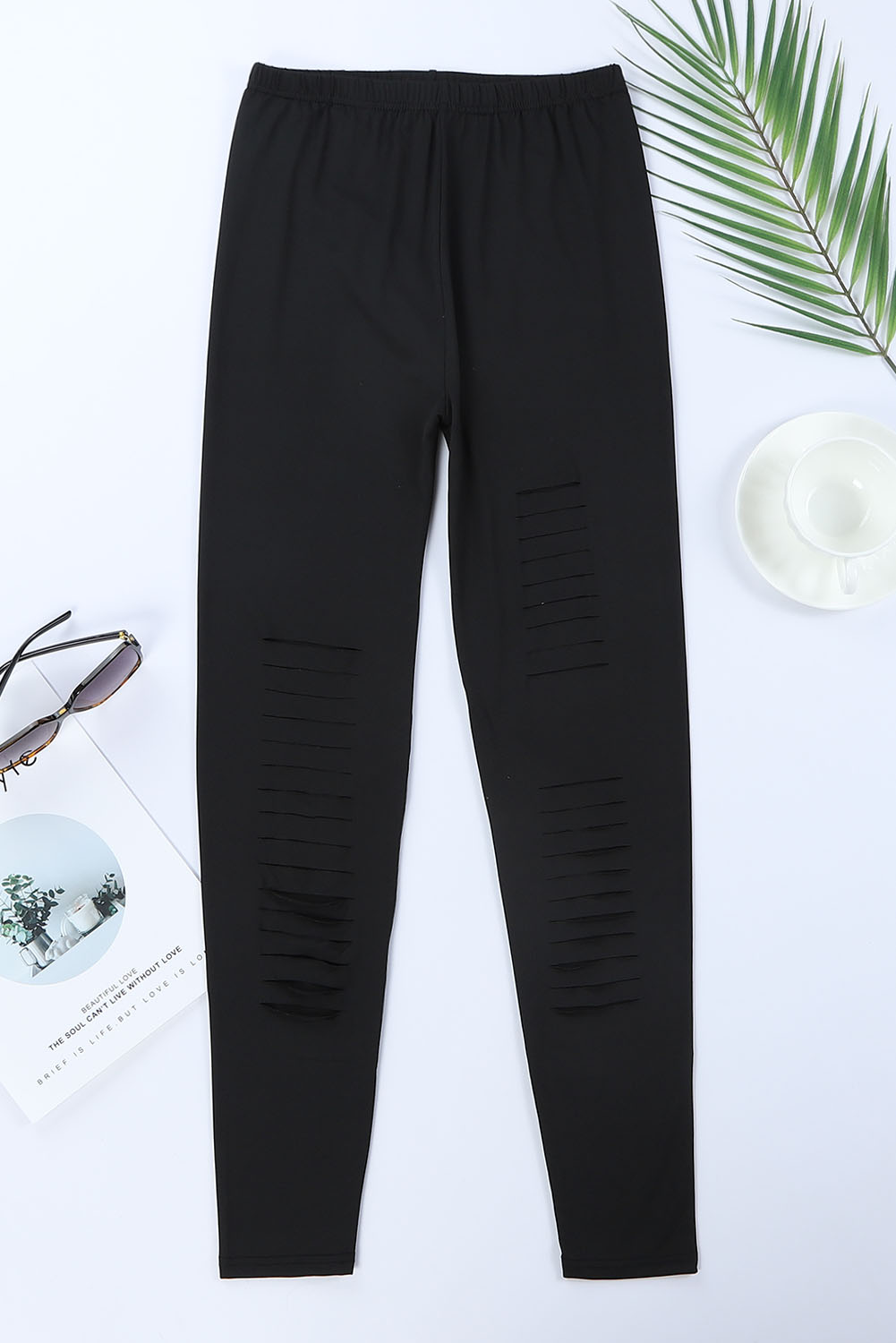 Black Solid Color High Waist Ripped Leggings - loveforevers