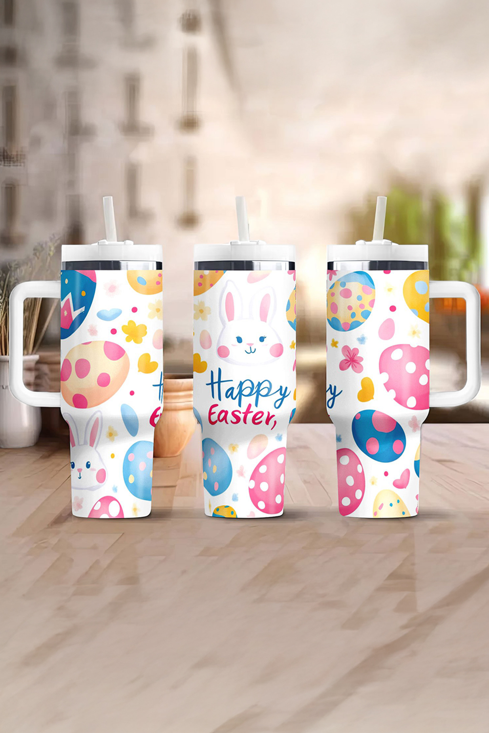White Happy Easter Bunny Eggs Printed Thermal Tumbler - loveforevers