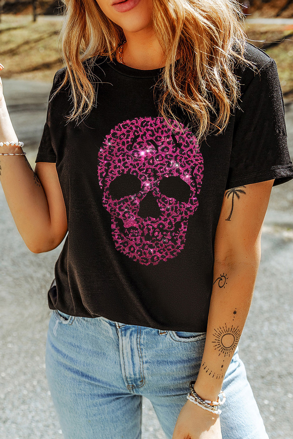 Black Rhinestone Leopard Skull Graphic Crewneck Casual T Shirt - loveforevers