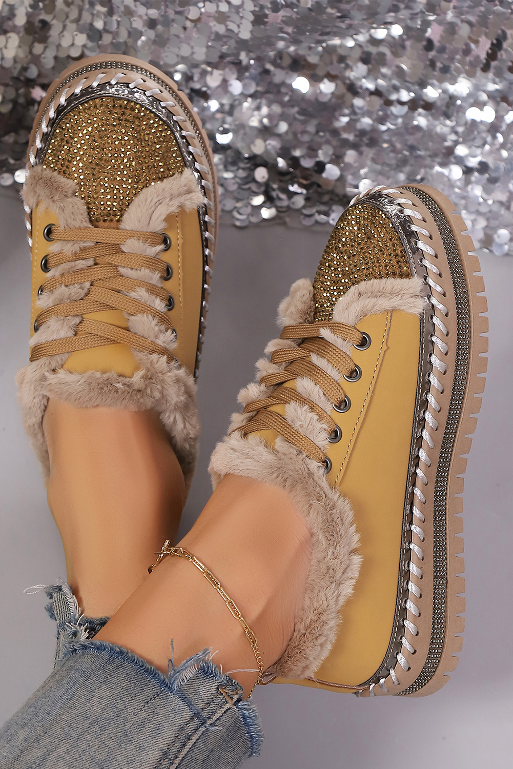 Thai Curry Rhinestone Embellished Faux Fur Lining Lace-Up Flat Shoes - loveforevers