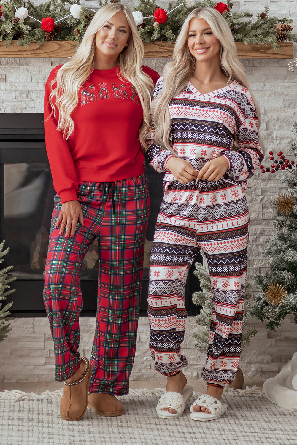 Black Retro Christmas Pattern Loose Pullover 2pcs Lounge Pant Set - loveforevers