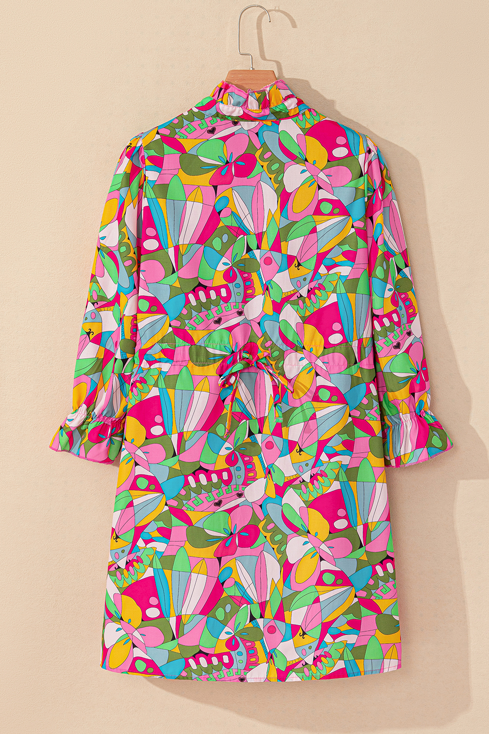 Pink Abstract Printed Lantern Sleeve Buttoned Mini Dress - loveforevers