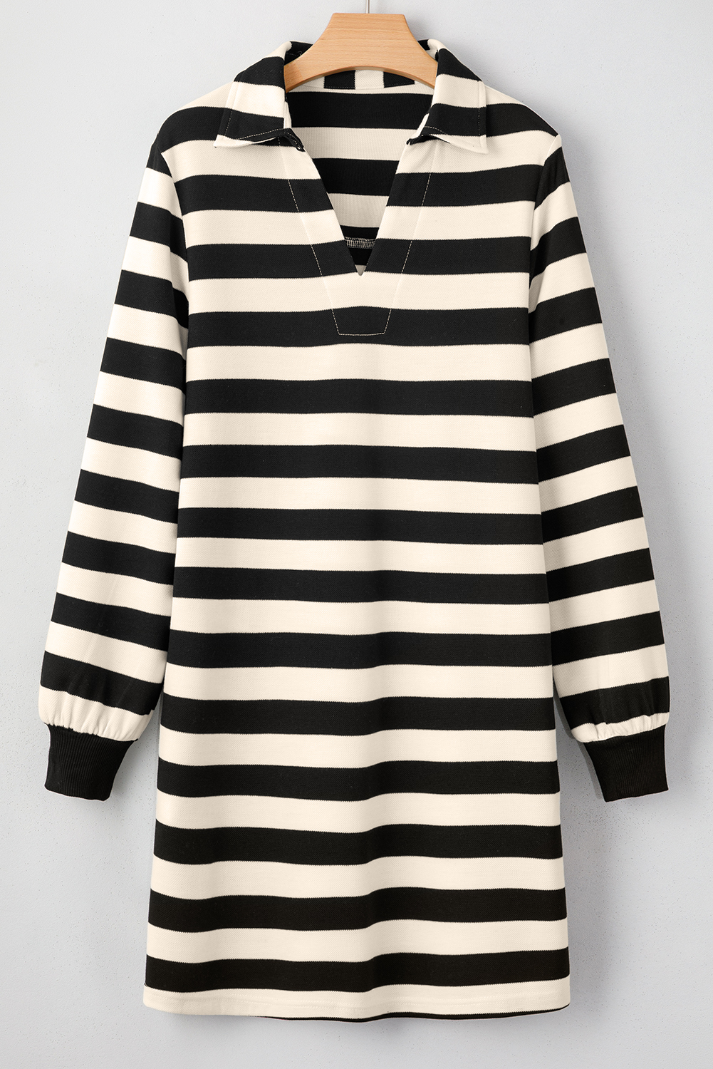 Khaki Stripe Collared V Neck Long Sleeve Loose Casual Dress - loveforevers
